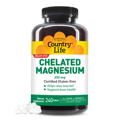 Country Life Chelated Magnesium 250mg – Supports Bone & Immune Health | Daily Supplement 240 ct