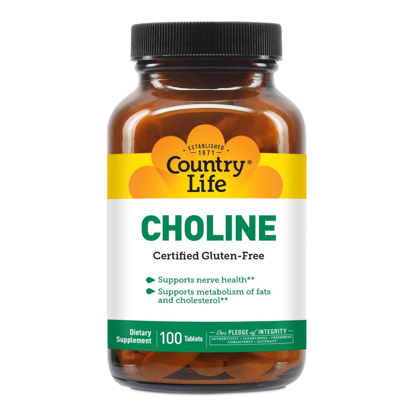 Country Life Choline 266mg - Gluten Free, Vegan, Halal - 100 Tablets