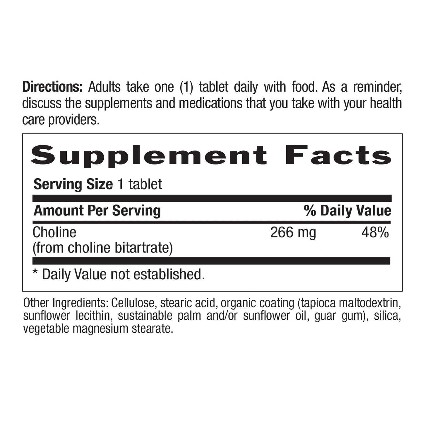 Country Life Choline 266mg - Gluten Free, Vegan, Halal - 100 Tablets