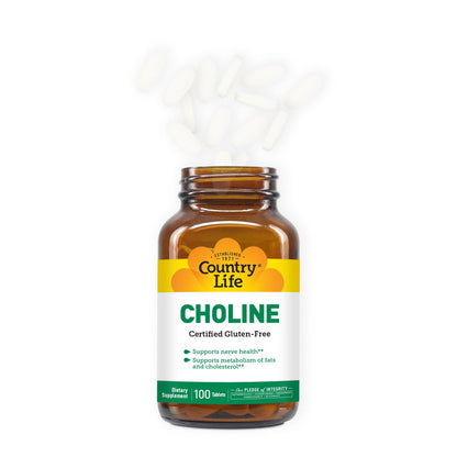 Country Life Choline 266mg - Gluten Free, Vegan, Halal - 100 Tablets