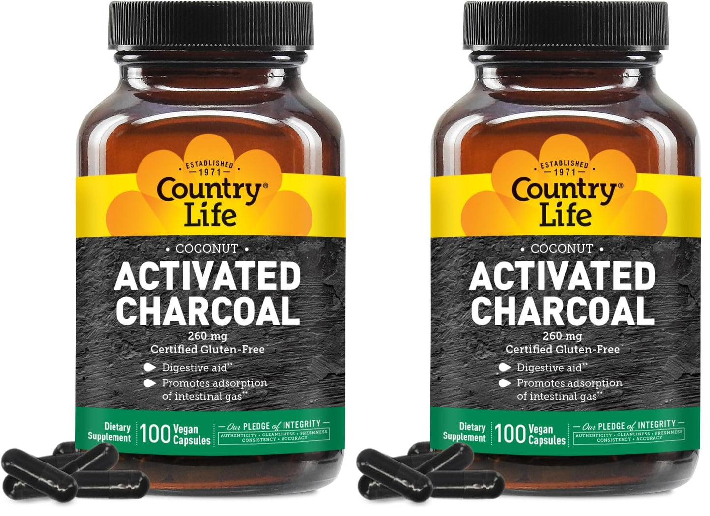 Country Life Coconut Activated Charcoal 260mg – Gas & Bloating Relief, Gluten-Free & Vegan