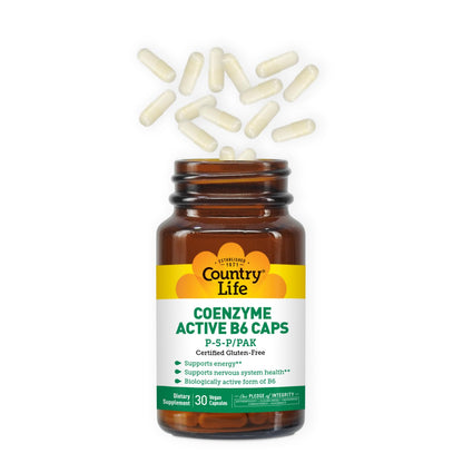 Country Life Coenzyme Active B-6, 50mg Vitamin B6-30 Vegetarian Capsules - Supports Energy, Nervous & Immune Systems - 25mg P-5-P Vitamin B6 - Certified Gluten Free, Vegan - No Artificial Additives