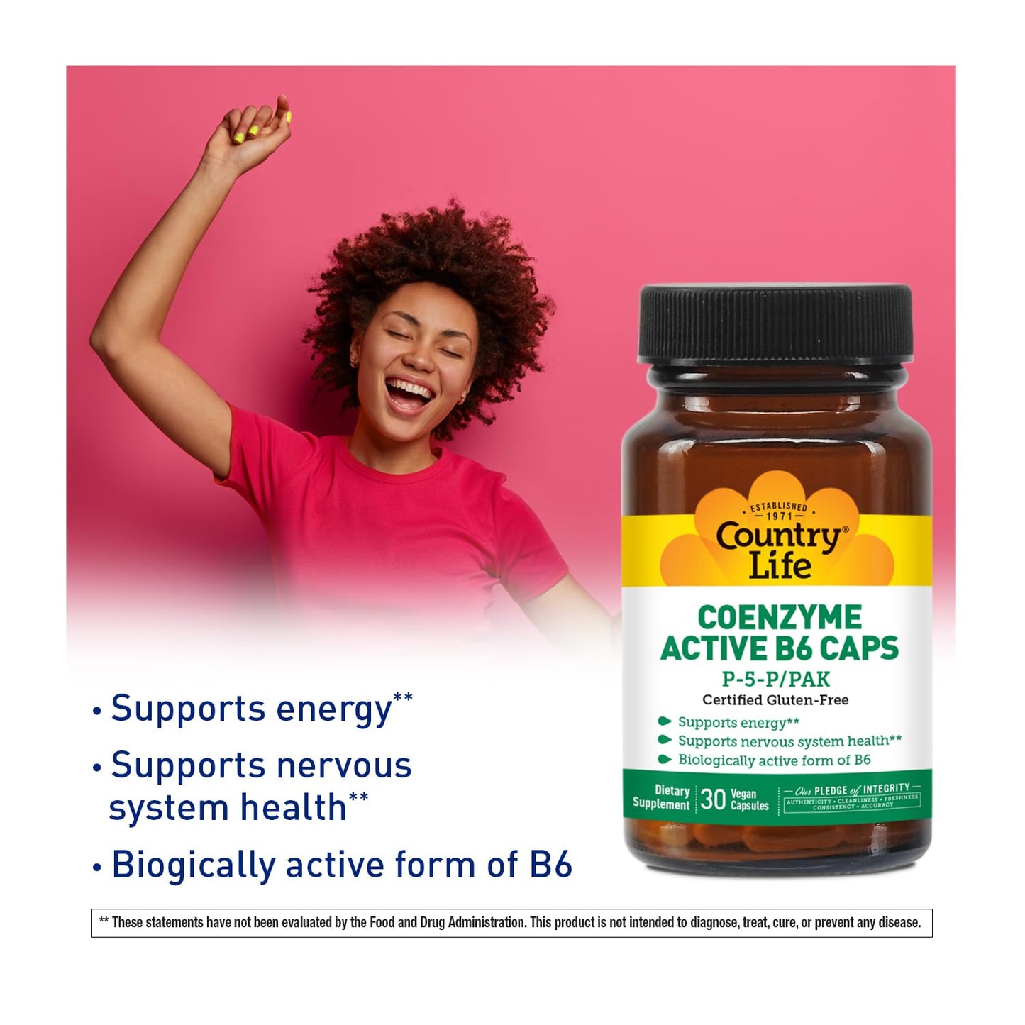 Country Life Coenzyme Active B-6, 50mg Vitamin B6-30 Vegetarian Capsules - Supports Energy, Nervous & Immune Systems - 25mg P-5-P Vitamin B6 - Certified Gluten Free, Vegan - No Artificial Additives