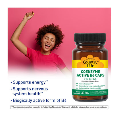 Country Life Coenzyme Active B-6, 50mg Vitamin B6-30 Vegetarian Capsules - Supports Energy, Nervous & Immune Systems - 25mg P-5-P Vitamin B6 - Certified Gluten Free, Vegan - No Artificial Additives