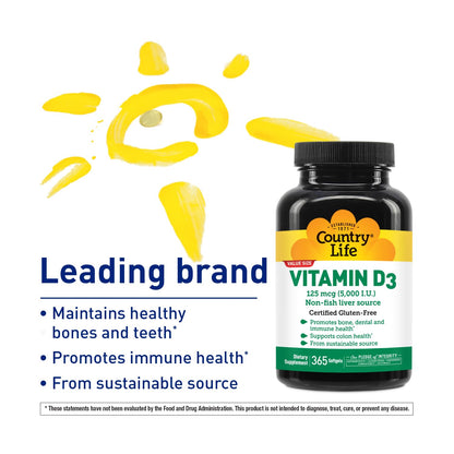 Country Life Vitamin D3 5000 IU – High Potency, Non-Fish, Gluten-Free