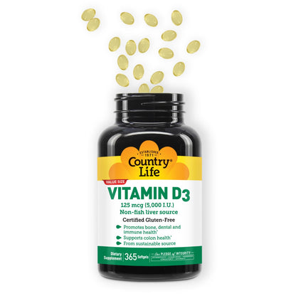Country Life Vitamin D3 5000 IU – High Potency, Non-Fish, Gluten-Free