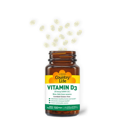 Country Life Vitamin D3 1000 IU Non-Fish Softgels – Gluten Free (Pack of 2)