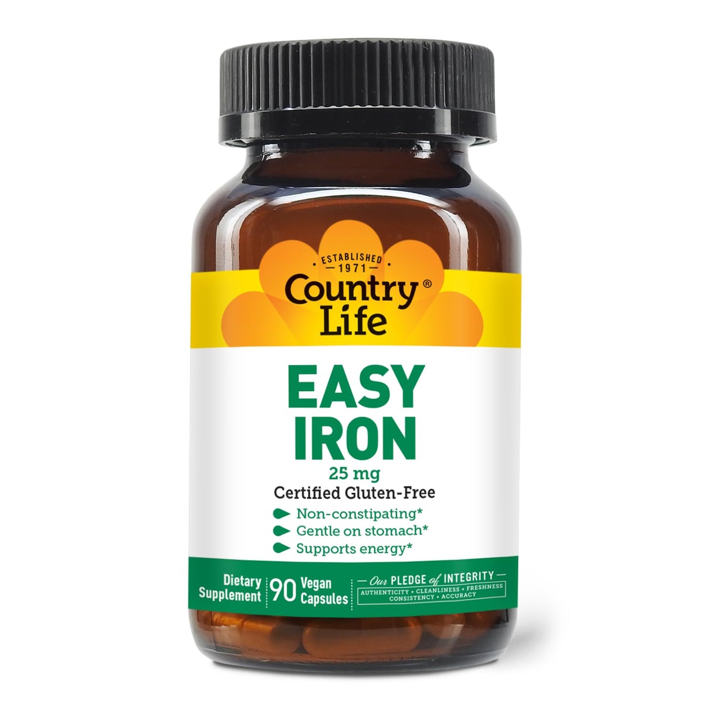 Country Life Easy Iron 25mg Capsules - Gentle Ferrochel, Vegan Iron for Energy