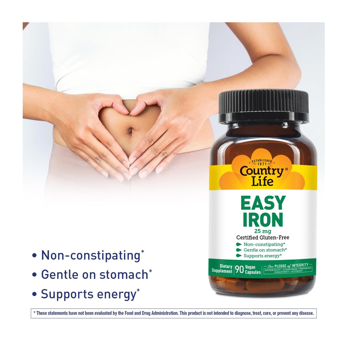 Country Life Easy Iron 25mg Capsules - Gentle Ferrochel, Vegan Iron for Energy