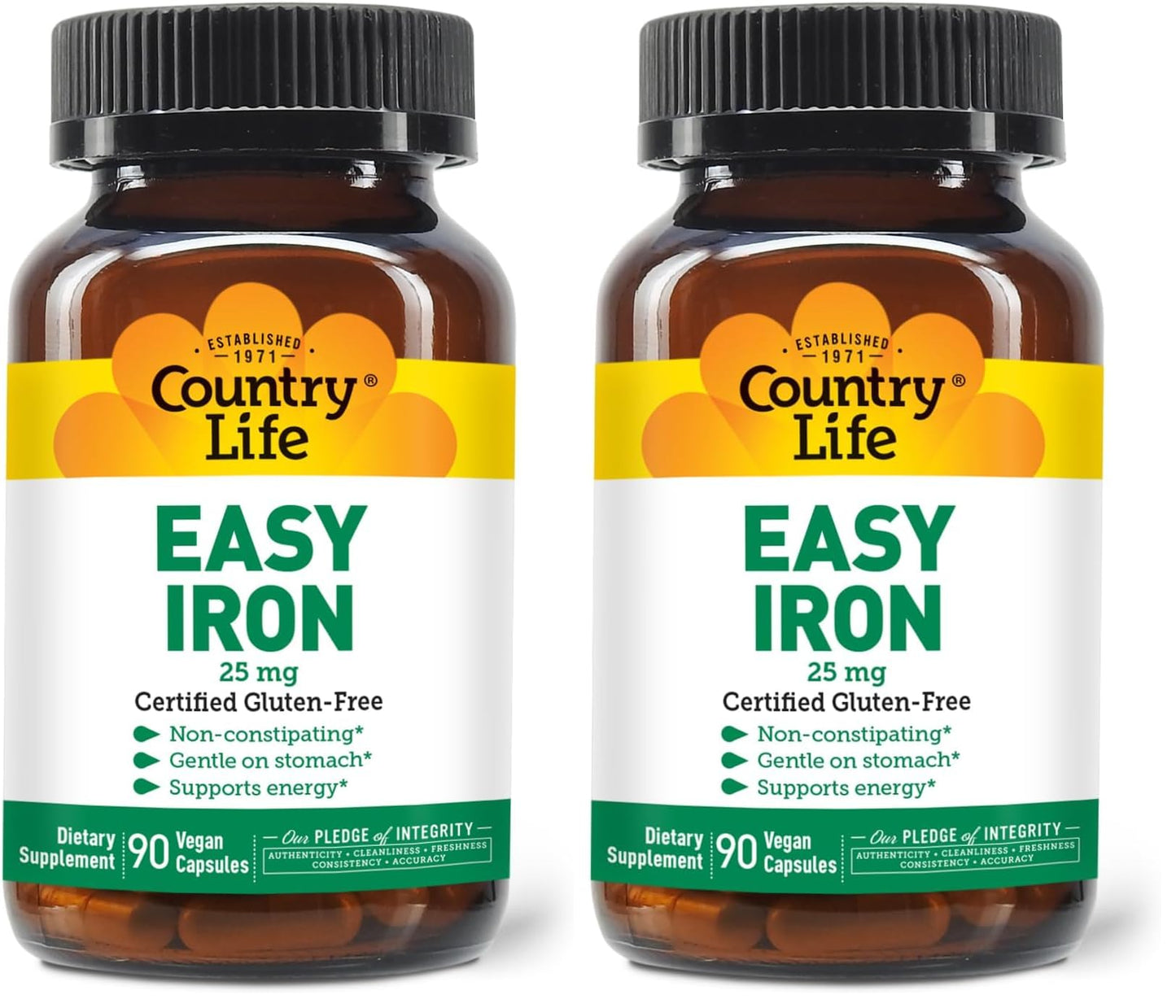 Country Life Easy Iron 25mg Capsules – Ferrochel Non-Constipating Vegan Iron Supplement (Pack of 2)