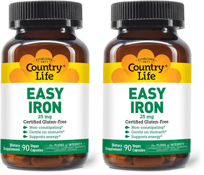Country Life Easy Iron 25mg Capsules – Ferrochel Non-Constipating Vegan Iron Supplement (Pack of 2)