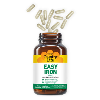 Country Life Easy Iron 25mg Capsules - Gentle Ferrochel, Vegan Iron for Energy