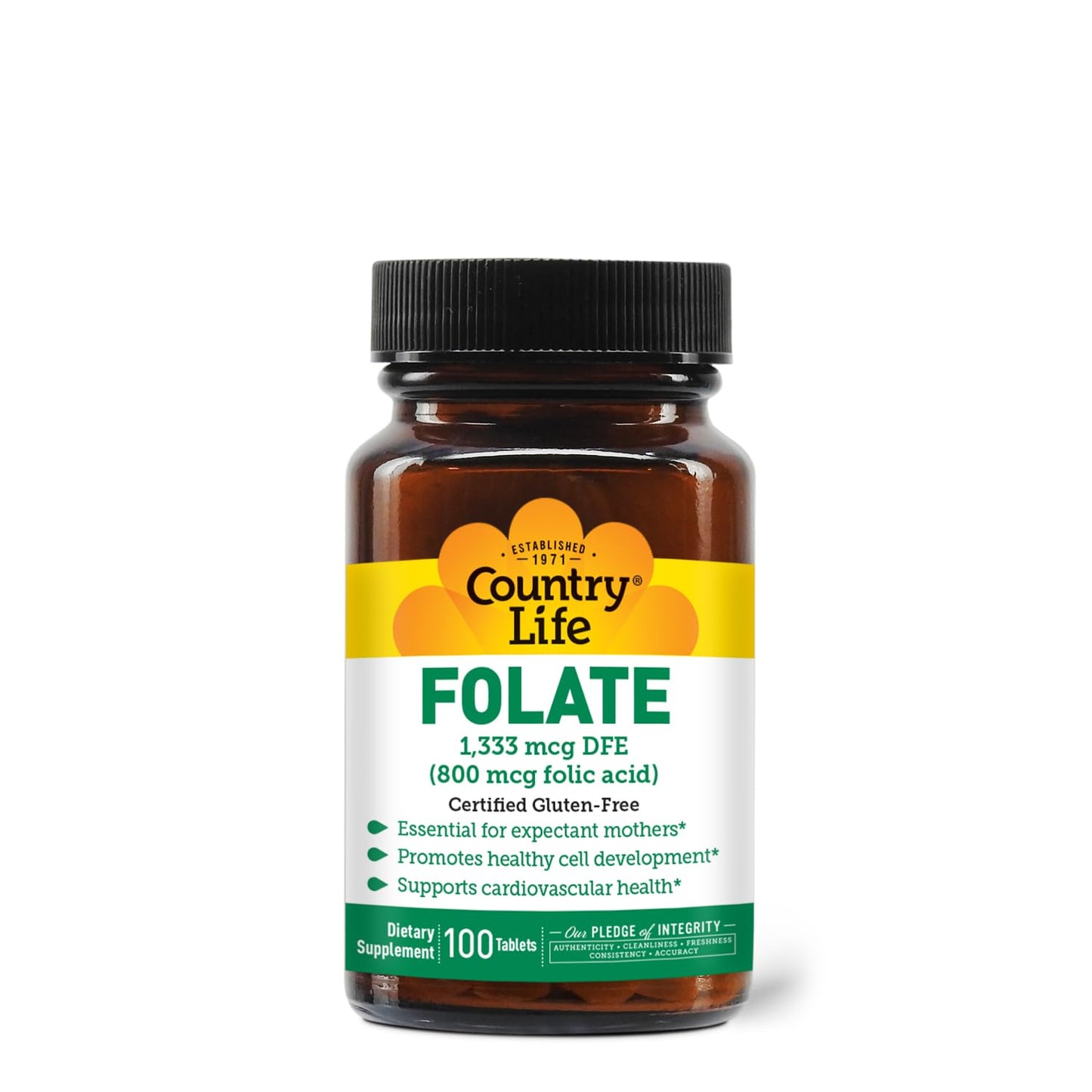 Country Life Folate 800 mcg Folic Acid – Prenatal Support, 100 Tabs, Gluten-Free