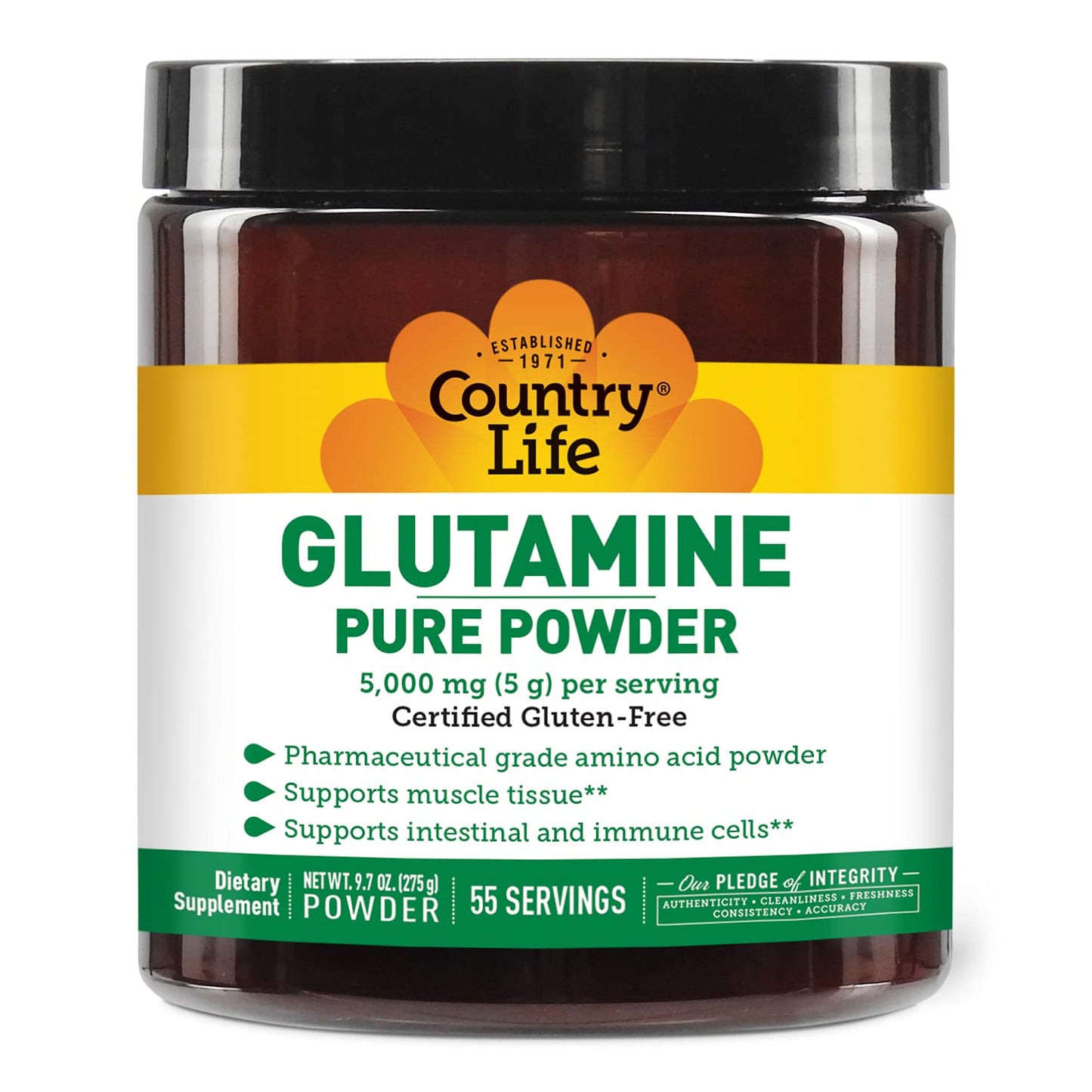 Country Life Glutamine Pure Powder 5000mg – 55 Servings | Gluten-Free Certified GFCO