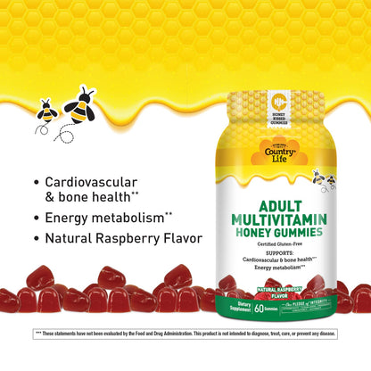Country Life Honey Gummies Multivitamin – Bone & Heart Support | Non-GMO, Gluten Free, Vegetarian | 60 Gummies (Pack of 2)