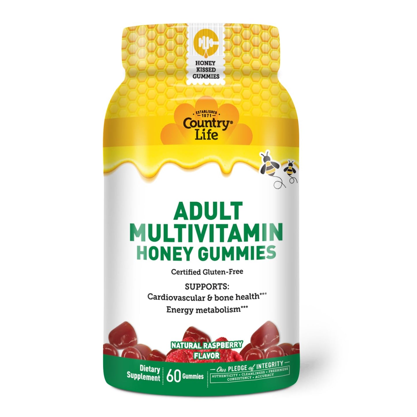 Country Life Honey Gummies Multivitamin – Bone & Heart Support | Non-GMO, Gluten Free, Vegetarian | 60 Gummies (Pack of 2)