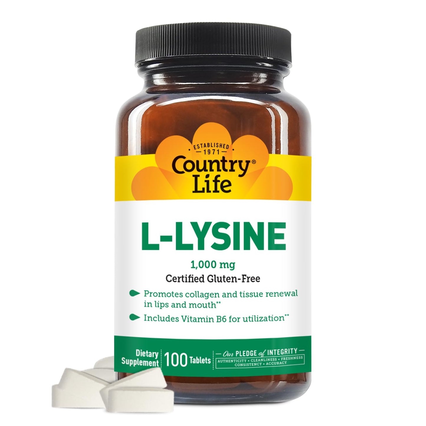 Country Life L-Lysine 1000mg with B-6 – Immune Support, Collagen Renewal, Vegan & Gluten Free (100 Count)