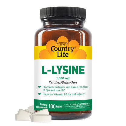 Country Life L-Lysine 1000mg with B-6 – Immune Support, Collagen Renewal, Vegan & Gluten Free (100 Count)