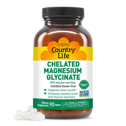 Country Life Chelated Magnesium Glycinate 400mg – High-Absorption, 90 Tablets