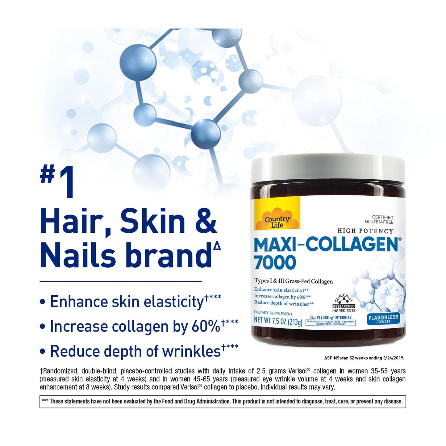 Country Life Maxi-Collagen 7000 Powder - Verisol Collagen Peptides + Vitamins C, A & Biotin | 7.5 oz
