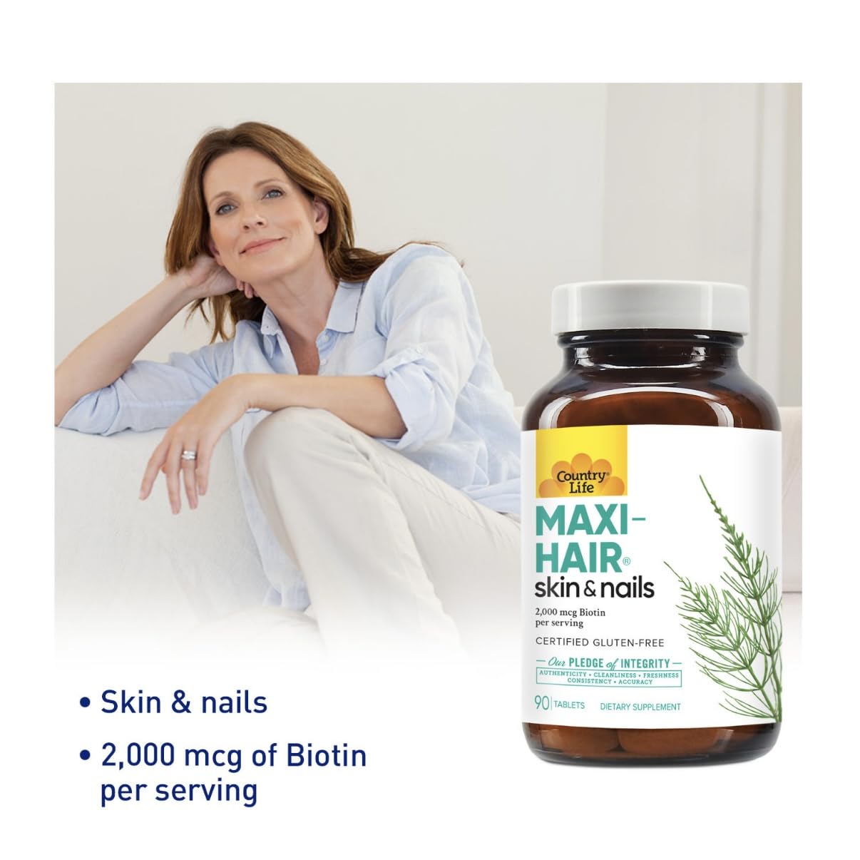 Country Life Maxi-Hair Supplement – 2000mcg Biotin for Hair, Skin & Nails | Gluten-Free & Vegetarian
