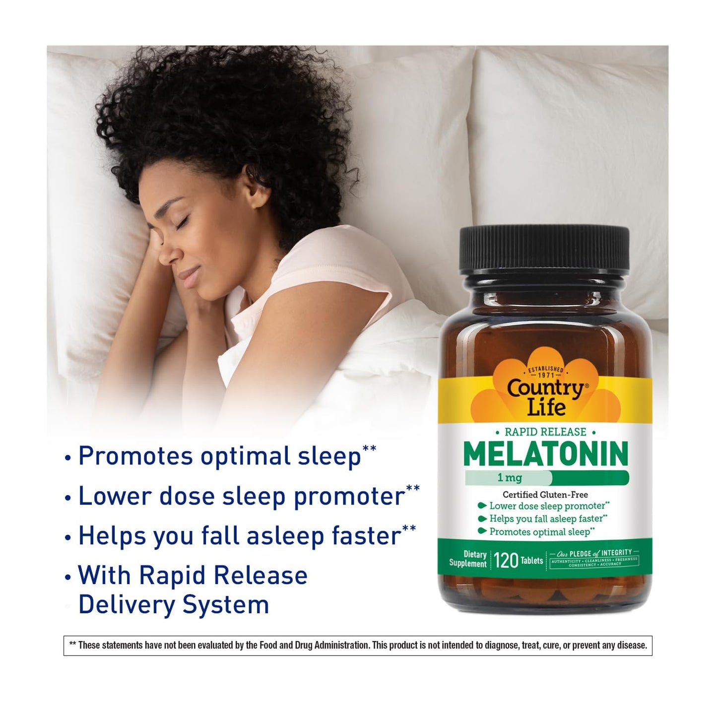 Country Life Melatonin Sleep Aid 1mg - Non-GMO, Gluten-Free, Vegan | Rapid-Release