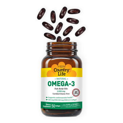 Country Life Omega-3 Fish Oil Supplement – 10000mg, 180mg EPA / 120mg DHA, Burpless, 50 Softgels, Gluten Free
