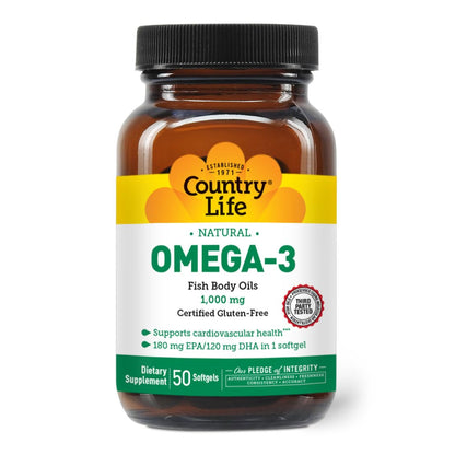 Country Life Omega-3 Fish Oil Supplement – 10000mg, 180mg EPA / 120mg DHA, Burpless, 50 Softgels, Gluten Free