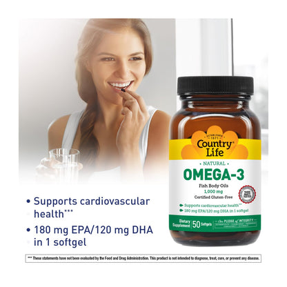 Country Life Omega-3 Fish Oil Supplement – 10000mg, 180mg EPA / 120mg DHA, Burpless, 50 Softgels, Gluten Free
