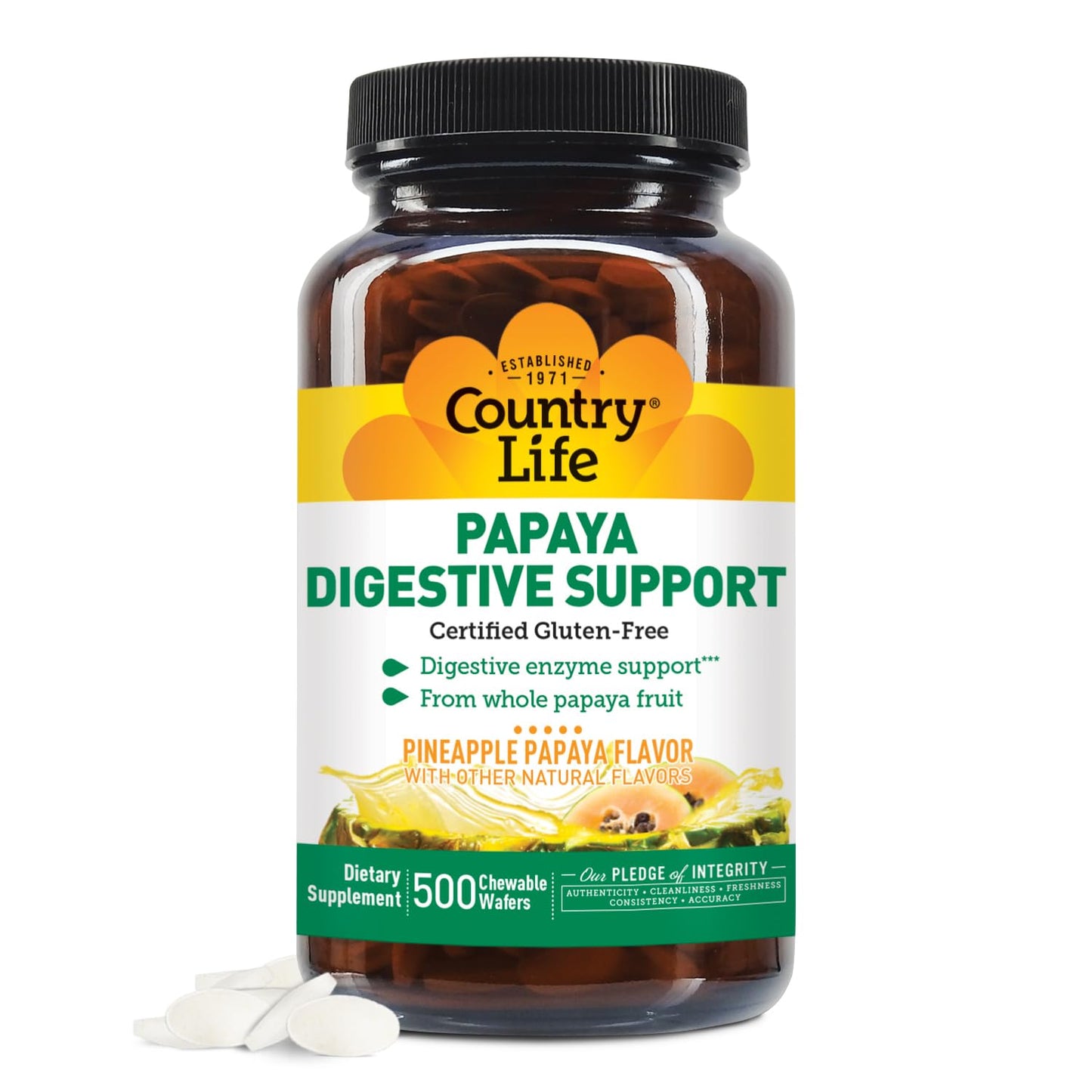 Country Life Papaya Enzymes for Digestion - Chewable Wafers (200 & 500)