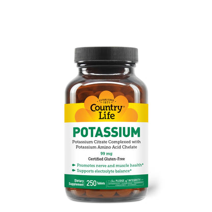 Country Life Potassium 99 mg Chelated Tablets - 250 Count | Gluten Free, Vegan, Kosher