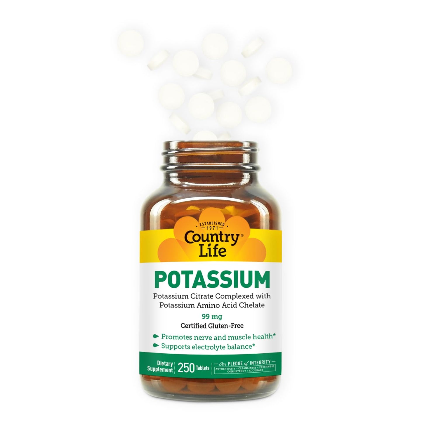 Country Life Potassium 99 mg Chelated Tablets - 250 Count | Gluten Free, Vegan, Kosher
