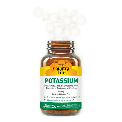 Country Life Potassium 99 mg Chelated Tablets - 250 Count | Gluten Free, Vegan, Kosher