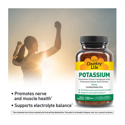 Country Life Potassium 99 mg Chelated Tablets - 250 Count | Gluten Free, Vegan, Kosher