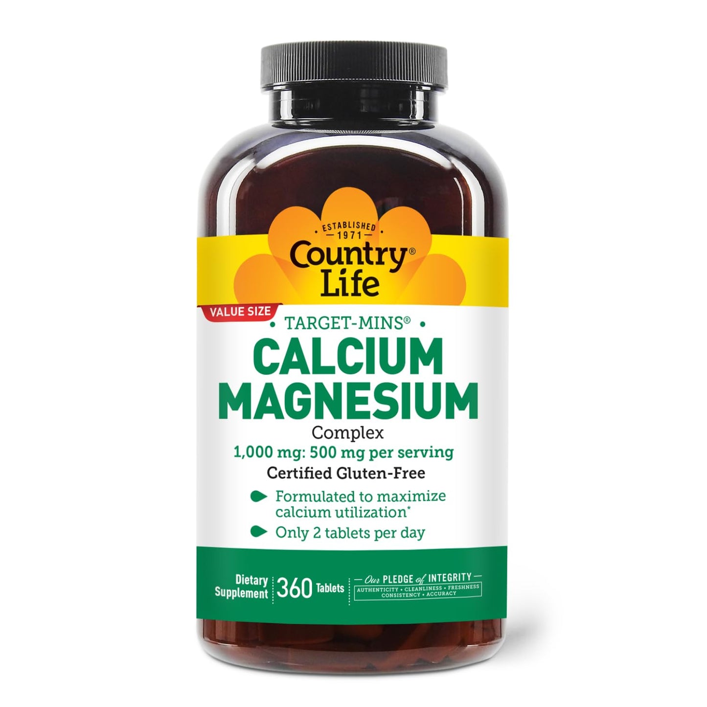 Country Life Target-Mins Calcium Magnesium – 1000mg Ca / 500mg Mg, 2:1, Gluten Free