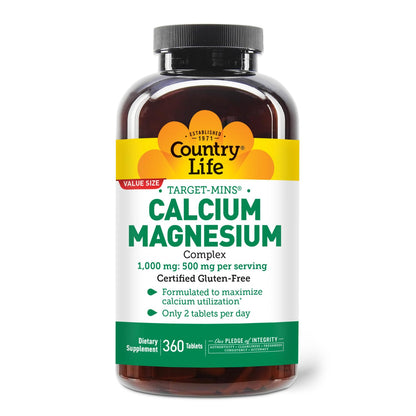 Country Life Target-Mins Calcium Magnesium – 1000mg Ca / 500mg Mg, 2:1, Gluten Free
