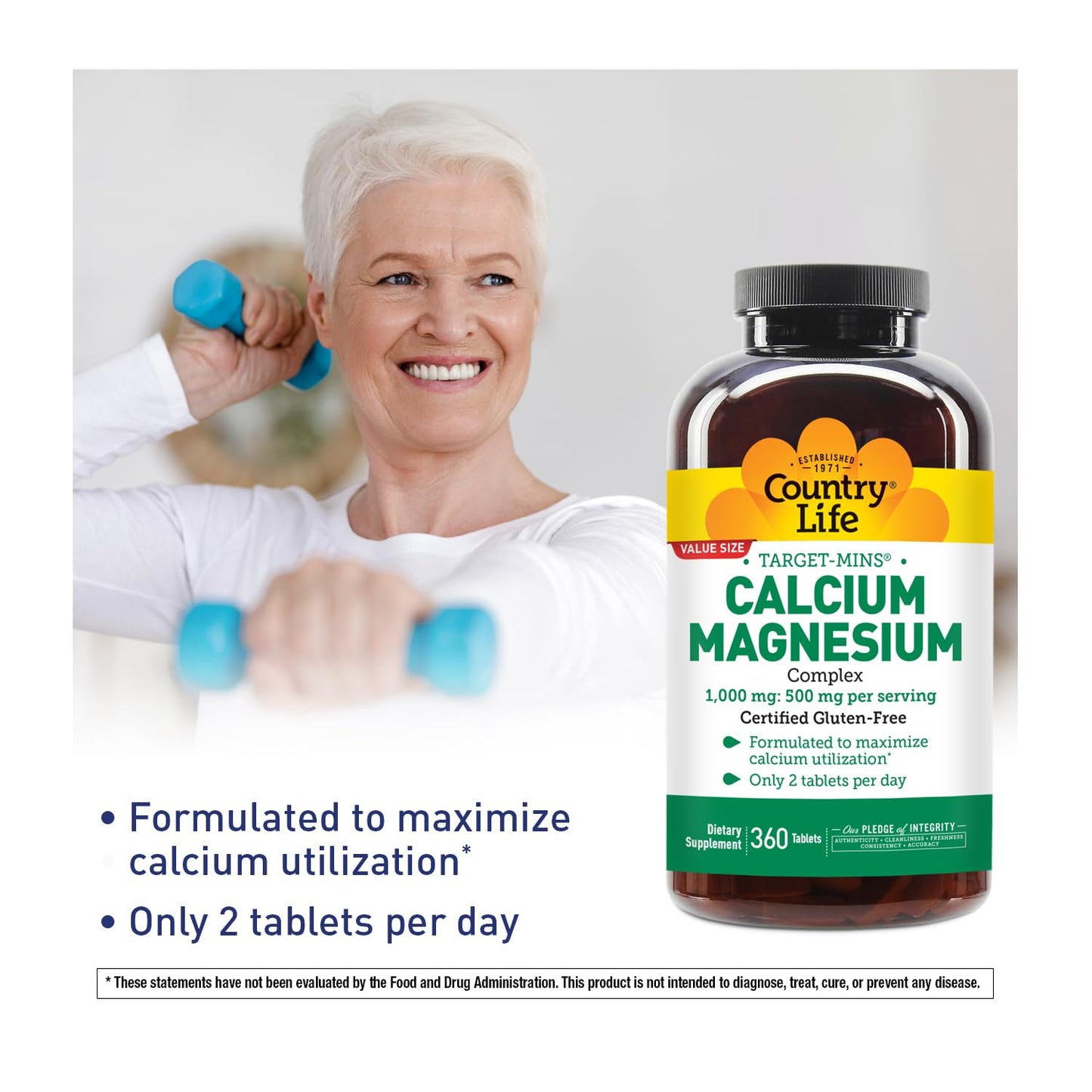 Country Life Target-Mins Calcium Magnesium – 1000mg Ca / 500mg Mg, 2:1, Gluten Free