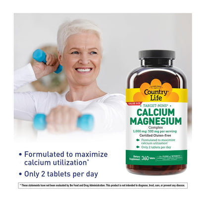 Country Life Target-Mins Calcium Magnesium – 1000mg Ca / 500mg Mg, 2:1, Gluten Free