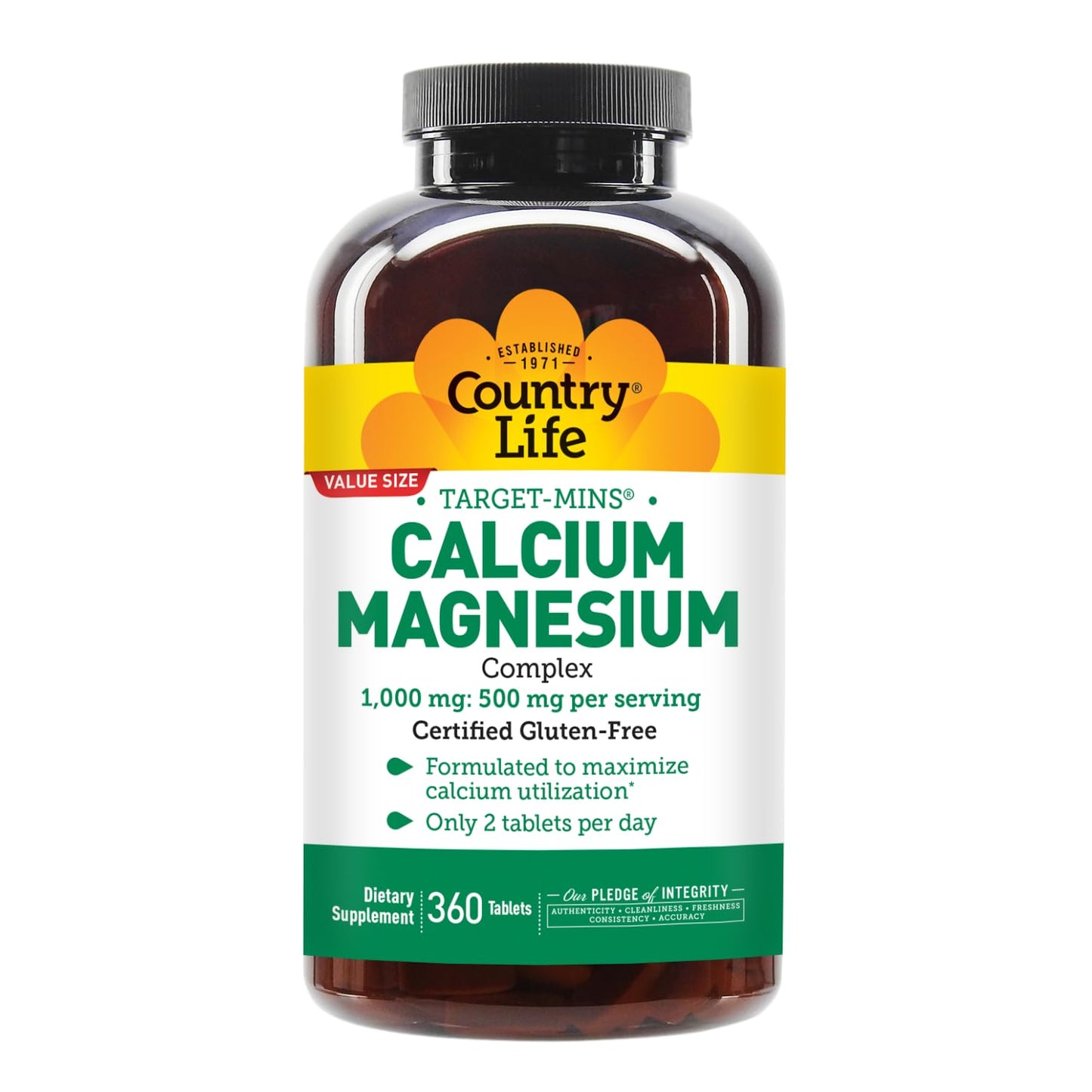 Country Life Target-Mins Calcium Magnesium – 1000mg Ca / 500mg Mg, 2:1, Gluten Free