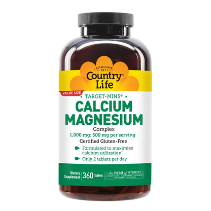 Country Life Target-Mins Calcium Magnesium – 1000mg Ca / 500mg Mg, 2:1, Gluten Free