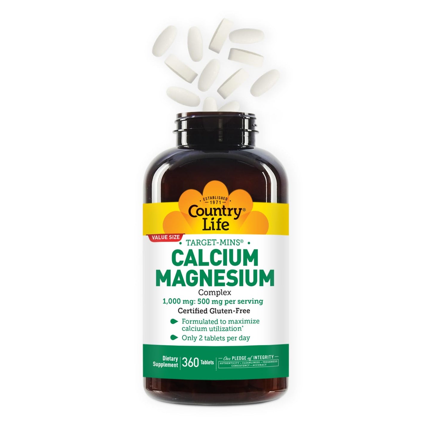 Country Life Target-Mins Calcium Magnesium – 1000mg Ca / 500mg Mg, 2:1, Gluten Free