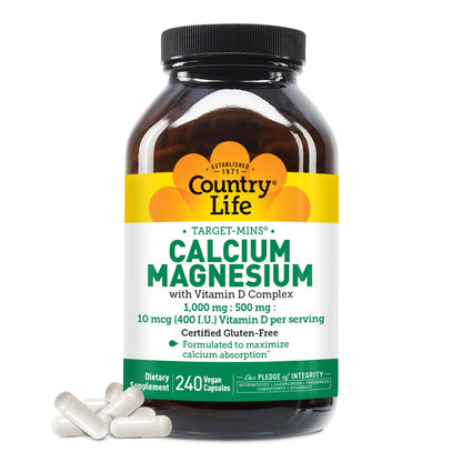Country Life Target-Mins Calcium Magnesium with Vitamin D – 240 Vegan Capsules