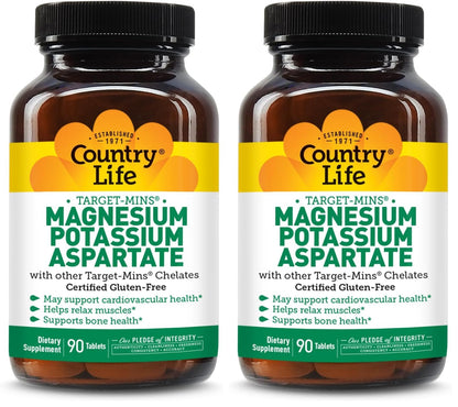 Country Life Target-Mins Magnesium Potassium Aspartate 600mg/198mg – 90 Tablets – Gluten Free & Vegan (Pack of 2)