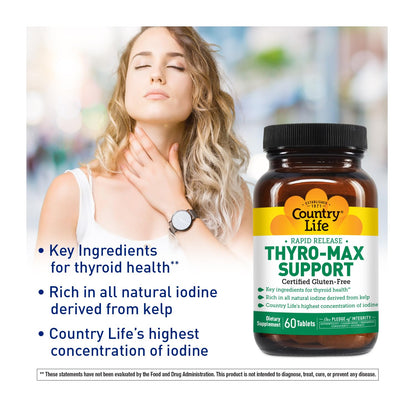 Country Life Thyro-Max Support - Kelp-Derived Iodine & L-Tyrosine Thyroid Supplement for Men and Women - B Vitamins, Gluten-Free, Vegan, Kosher - 60 Capsules (Pack of 2)