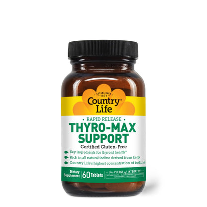 Country Life Thyro-Max Support - Kelp-Derived Iodine & L-Tyrosine Thyroid Supplement for Men and Women - B Vitamins, Gluten-Free, Vegan, Kosher - 60 Capsules (Pack of 2)