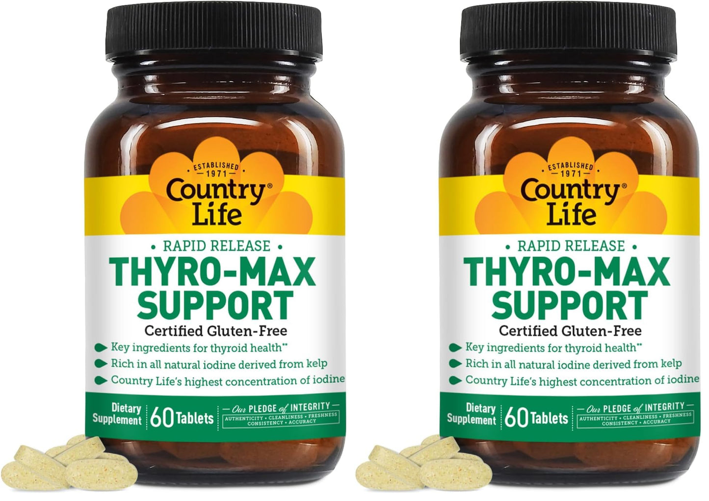 Country Life Thyro-Max Support - Kelp-Derived Iodine & L-Tyrosine Thyroid Supplement for Men and Women - B Vitamins, Gluten-Free, Vegan, Kosher - 60 Capsules (Pack of 2)