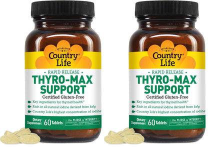 Country Life Thyro-Max Support - Kelp-Derived Iodine & L-Tyrosine Thyroid Supplement for Men and Women - B Vitamins, Gluten-Free, Vegan, Kosher - 60 Capsules (Pack of 2)