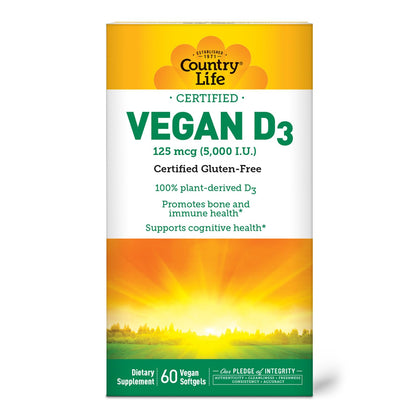 Country Life Vegan D3 5000 IU - Plant-Derived Vitamin D3 from Lichen - 60 Softgels