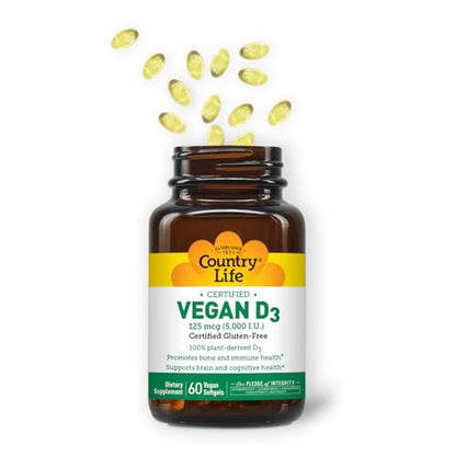 Country Life Vegan D3 5000 IU - Plant-Derived Vitamin D3 from Lichen - 60 Softgels