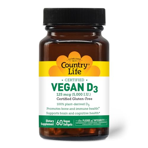 Country Life Vegan D3 5000 IU - Plant-Derived Vitamin D3 from Lichen - 60 Softgels